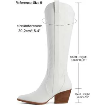 Susanny Knee High Cowboy Boots for Women Embroidered Western White Cowgirl Boots for Womens Chunky Heel Pull on Pointed Toe Mid Low Heel Boots 8.5