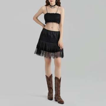 Women Lace Mini Skirt Y2k Ruffle Low Waist Layered Pleated Flowy Skirt Black L