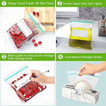 Refrigerator Organizer Bins Stackable Set of 4, Pantry Organization and Storage with 20pcs Food Storage Bags, Fridge Drawer with Handle, Clear Containers for Freezer Kitchen Cabinets Home