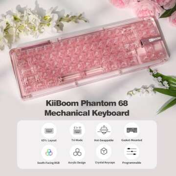 KiiBoom Phantom 68 65% Hot Swappable Crystal Gasket-Mounted Mechanical Keyboard, BT5.0/2.4GHz/USB-C Wired Wireless NKRO Gaming Keyboard with South-Facing RGB, 4000mAh Battery for Win/Mac(Pink)