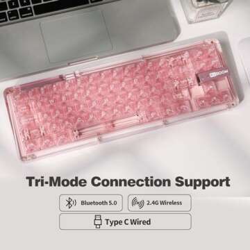 KiiBoom Phantom 68 65% Hot Swappable Crystal Gasket-Mounted Mechanical Keyboard, BT5.0/2.4GHz/USB-C Wired Wireless NKRO Gaming Keyboard with South-Facing RGB, 4000mAh Battery for Win/Mac(Pink)