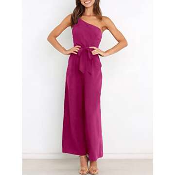 ANRABESS Women Summer Dressy Jumpsuits One Shoulder Sleeveless Casual Wide Leg Pants Romper Jumper 2024 Trendy Outfits Deep Rose Small