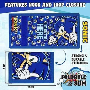 Sonic The Hedgehog Wallet for Kids, Boys and Girls Trifold Purse Canvas Hook and Loop Closure Cool Wallets with Zip & Pound Coin Holder.