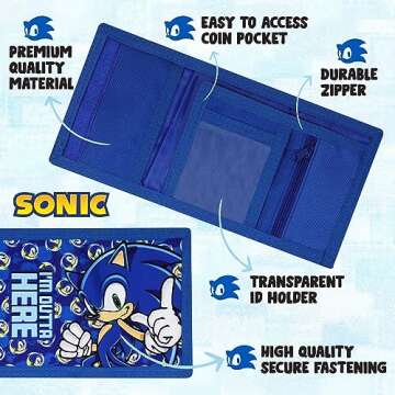 Sonic The Hedgehog Wallet for Kids, Boys and Girls Trifold Purse Canvas Hook and Loop Closure Cool Wallets with Zip & Pound Coin Holder.