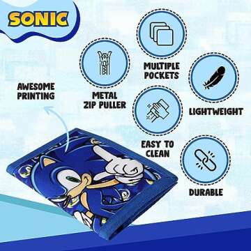 Sonic The Hedgehog Wallet for Kids, Boys and Girls Trifold Purse Canvas Hook and Loop Closure Cool Wallets with Zip & Pound Coin Holder.