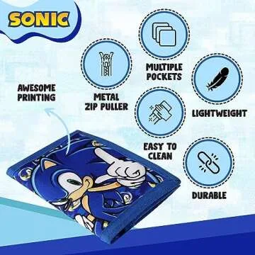 Sonic The Hedgehog Wallet for Kids, Boys and Girls Trifold Purse Canvas Hook and Loop Closure Cool Wallets with Zip & Pound Coin Holder.