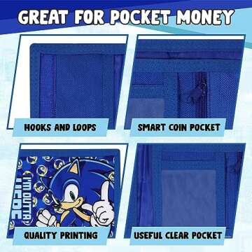 Sonic The Hedgehog Wallet for Kids, Boys and Girls Trifold Purse Canvas Hook and Loop Closure Cool Wallets with Zip & Pound Coin Holder.