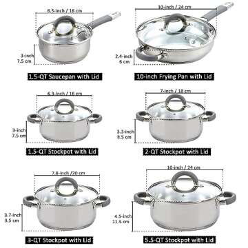 Cook N Home Cookware Basic Pots and Pans, 12 Piece set, Stainless Steel Grey Silicone Handle
