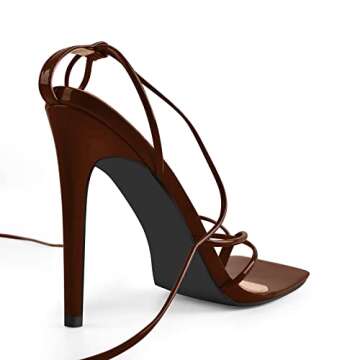 richealnini Women's Square Toe Lace Up Stilettos High Heel Sandals Ankle Strap Wrap Tie Up Slim Heeled Thong Flip Flops Slippers Open Toe Slingback Backless Wedding Prom Party Shoes Coffee Size 15