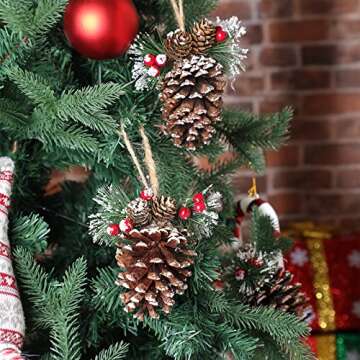 6 Pieces Natural Pinecone Ornaments for Christmas Tree Fall Mini Rustic Pine Cone Hanging Ornament Christmas Tree Decorations Small Thanksgiving Ornament with Pine Needle Berry for DIY Crafts Wedding