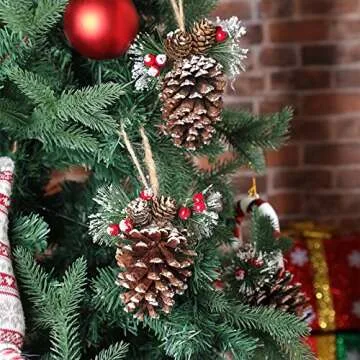 6 Pieces Natural Pinecone Ornaments for Christmas Tree Fall Mini Rustic Pine Cone Hanging Ornament Christmas Tree Decorations Small Thanksgiving Ornament with Pine Needle Berry for DIY Crafts Wedding