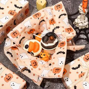JarThenaAMCS 100 Sheets Halloween Tissue Paper Cute Pumpkin Ghost Bats Gift Wrapping Paper Orange DIY Art Craft Paper for Halloween Birthday Baby Shower Party Supplies, 13.7 x 19.6 Inch