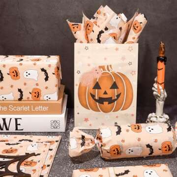 JarThenaAMCS 100 Sheets Halloween Tissue Paper Cute Pumpkin Ghost Bats Gift Wrapping Paper Orange DIY Art Craft Paper for Halloween Birthday Baby Shower Party Supplies, 13.7 x 19.6 Inch