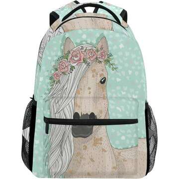 School Backpacks for Girls - Floral Horse Design, Large Capacity Bag
