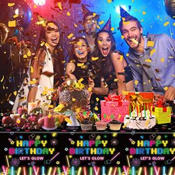 4 Pack Glow Party Table Covers Neon Party Tablecloth 51x86 Inch Glow Party Tablecloth Neon Glow Table Cover Glow in The Dark Birthday Party Table Cloth Black Light Table Cloths Let's Glow Tablecloth