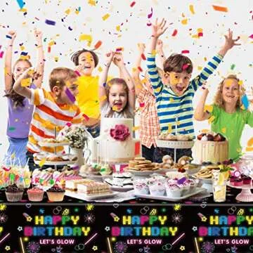 4 Pack Glow Party Table Covers Neon Party Tablecloth 51x86 Inch Glow Party Tablecloth Neon Glow Table Cover Glow in The Dark Birthday Party Table Cloth Black Light Table Cloths Let's Glow Tablecloth