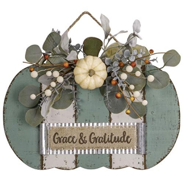 Valery Madelyn Pumpkin Shaped Fall Sign, Grace & Gratitude Hanging Wooden Wall Plaque with Pumpkin B...
