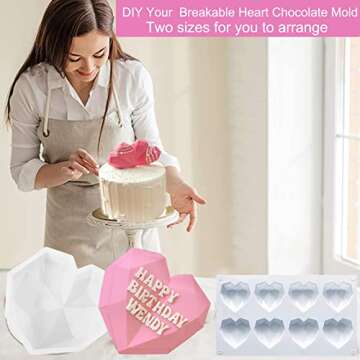 Breakable Heart Molds for Chocolate with Hammer, Heart Silicone Mold for Baking 8 Cavity Diamond Heart Shaped Mold, 8.8" Large Breakable Heart Mold Kit for Valentine Candy Making