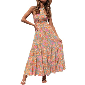 ZESICA Women's 2024 Summer Crossover Halter Neck Dress in GreyGreen - Elegant A Line Maxi