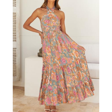 ZESICA Women's 2024 Summer Maxi Dress Crossover Halter Neck