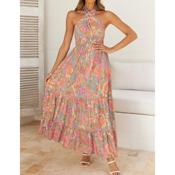 ZESICA Women's 2024 Summer Maxi Dress Crossover Halter Neck