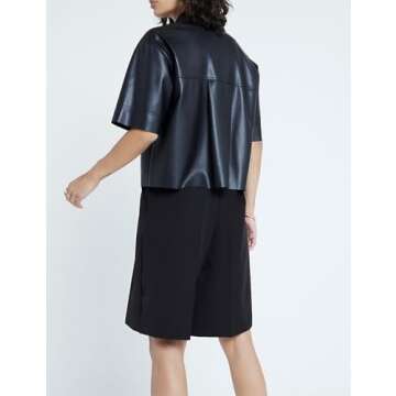 Faux Leather Shirt Women Loose Fit Short Sleeve PU Leather Button Down Crop Shirt with Pocket Black