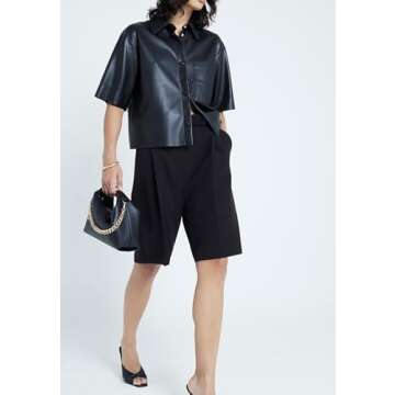 Faux Leather Shirt Women Loose Fit Short Sleeve PU Leather Button Down Crop Shirt with Pocket Black