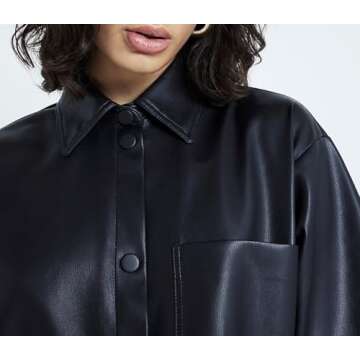 Faux Leather Shirt Women Loose Fit Short Sleeve PU Leather Button Down Crop Shirt with Pocket Black
