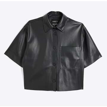 Faux Leather Shirt Women Loose Fit Short Sleeve PU Leather Button Down Crop Shirt with Pocket Black