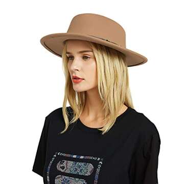 EINSKEY Womens Felt Fedora Hat, Wide Brim Panama Cowboy Hat Floppy Sun Hat for Beach Church Camel
