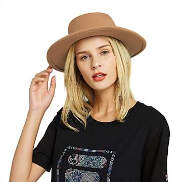 EINSKEY Womens Felt Fedora Hat, Wide Brim Panama Cowboy Hat Floppy Sun Hat for Beach Church Camel