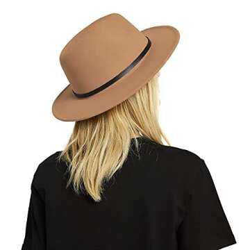 EINSKEY Womens Felt Fedora Hat, Wide Brim Panama Cowboy Hat Floppy Sun Hat for Beach Church Camel
