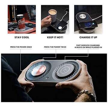 Coffee Mug Warmer, MINXUE Drink Cooler with Wireless Charger for Home Office Desk Use,Warming, Cooling and Charging All in 1