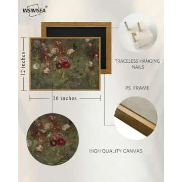 InSimSea Framed Canvas Wall Art Vintage Decor, FLoral Wall Art Decorations Classical Oil Painting Canvas Prints A Bed of Poppies Retro Home Decor Gifts, 12"x16"