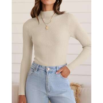 ZESICA Women's Fall Long Sleeve Turtleneck T Shirt Ribbed Knit Sweater Slim Fit Basic Casual Tee Tops,Almond,Medium