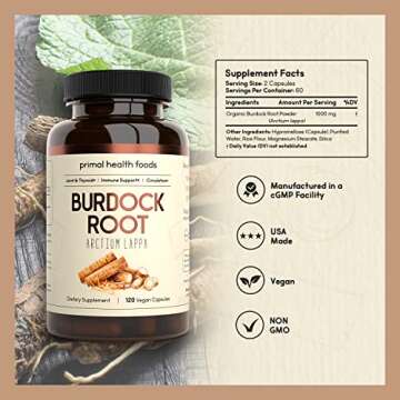 Primal Health Foods Organic Burdock Root Capsules 1000 mg - 60 Servings | Circulation, Blood, Immune...