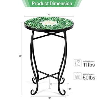 Giantex Outdoor Side Table, Mosaic Patio Table, 14inch Accent Table Plant Stand, Ceramic Tile Top Metal Frame, Small End Table Porch Beach Patio Garden Balcony Poolside