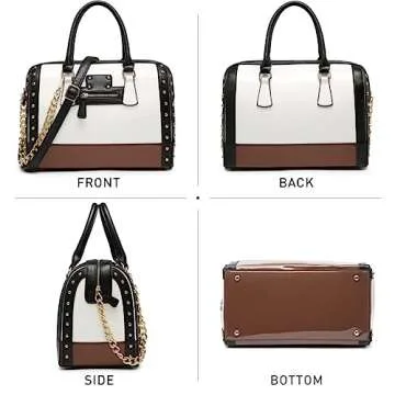 Dasein Women's Barrel Bag Shiny Patent Faux Leather Handbag with Rivet Decoration Top Handle Satchel Shoulder Purse (Large White)