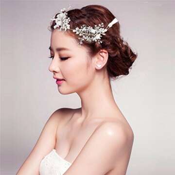 Rhinestone Headpiece, FANGZHIDI Silver Wedding Bridal Floral Leaf Vine Crystals Pearls Headband, Bridesmaids Hair Accessories with 2 Ribbons (KH52-S)