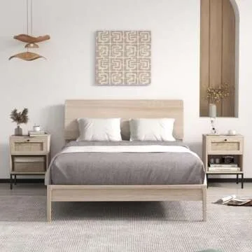 Giantex Rattan Nightstands with Drawer Set of 2, Boho Side Tables with 4 Metal Legs and Open Storage...