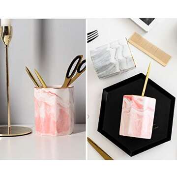 WAVEYU Pink Pen Holder for Girls, Marble Ceramic Pencil Cup, Desk Organizer Decor for 2023 Graduates, Durable Makeup Brush Holder for Office, School, Classroom, Home, Pink Marble