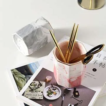 WAVEYU Pink Pen Holder, Marble Ceramic Pencil Cup for 2023