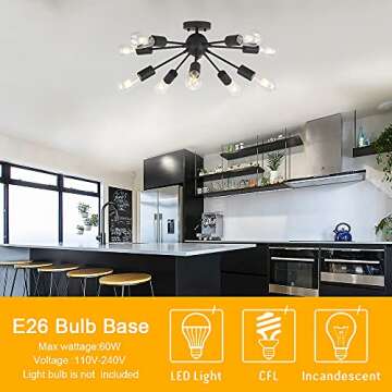 BONLICHT 10-Light Sputnik Chandelier Black Mid Century Modern Ceiling Light Vintage Industrial Starburst Chandelier for Kitchen Living Room Dining Room Hallway Entryway