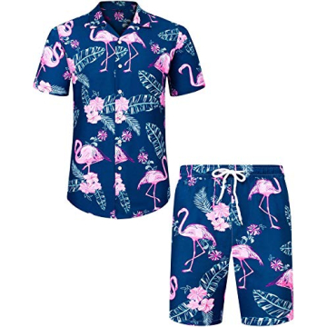J.VER Men's Flamingos Hawaiian Shirts Casual Button Down Short Sleeve Shirt Printed Shorts Summer Be...