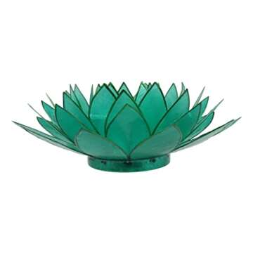 Ebros Gift Hand Crafted Capiz Seashells Petals Auspicious Lotus Flower Large 8.5" D Votive Tea Light Candle Holder Figurine Zen Feng Shui Meditation Home Fragrance Decor Accessory (Teal)