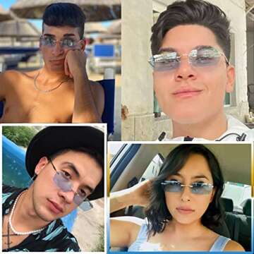 Mriendao Small Blue Sunglasses, Retro Trendy Hippie Rimless 90s Tinted Rectangle Sun Glasses Ultrali...