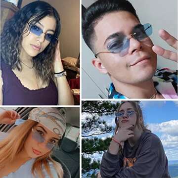 Mriendao Small Blue Sunglasses, Retro Trendy Hippie Rimless 90s Tinted Rectangle Sun Glasses Ultralight Thin Sunnies