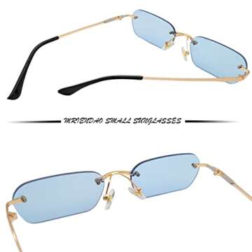 Mriendao Small Blue Sunglasses, Retro Trendy Hippie Rimless 90s Tinted Rectangle Sun Glasses Ultralight Thin Sunnies