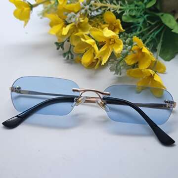 Mriendao Small Blue Sunglasses, Retro Trendy Hippie Rimless 90s Tinted Rectangle Sun Glasses Ultralight Thin Sunnies