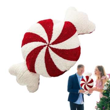 Candy Cane Pillow, Candy Cane Shaped Throw Pillow, Red and White Peppermint Candy Pillow, Cute Sweet Shaped Decorations for Bedroom, Living Room, Winter Home Decor